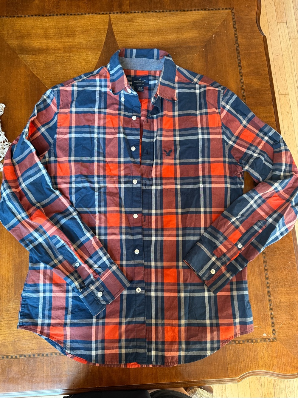 American Eagle Outfitters Men’s Red & Navy Plaid Button-Down Shirt